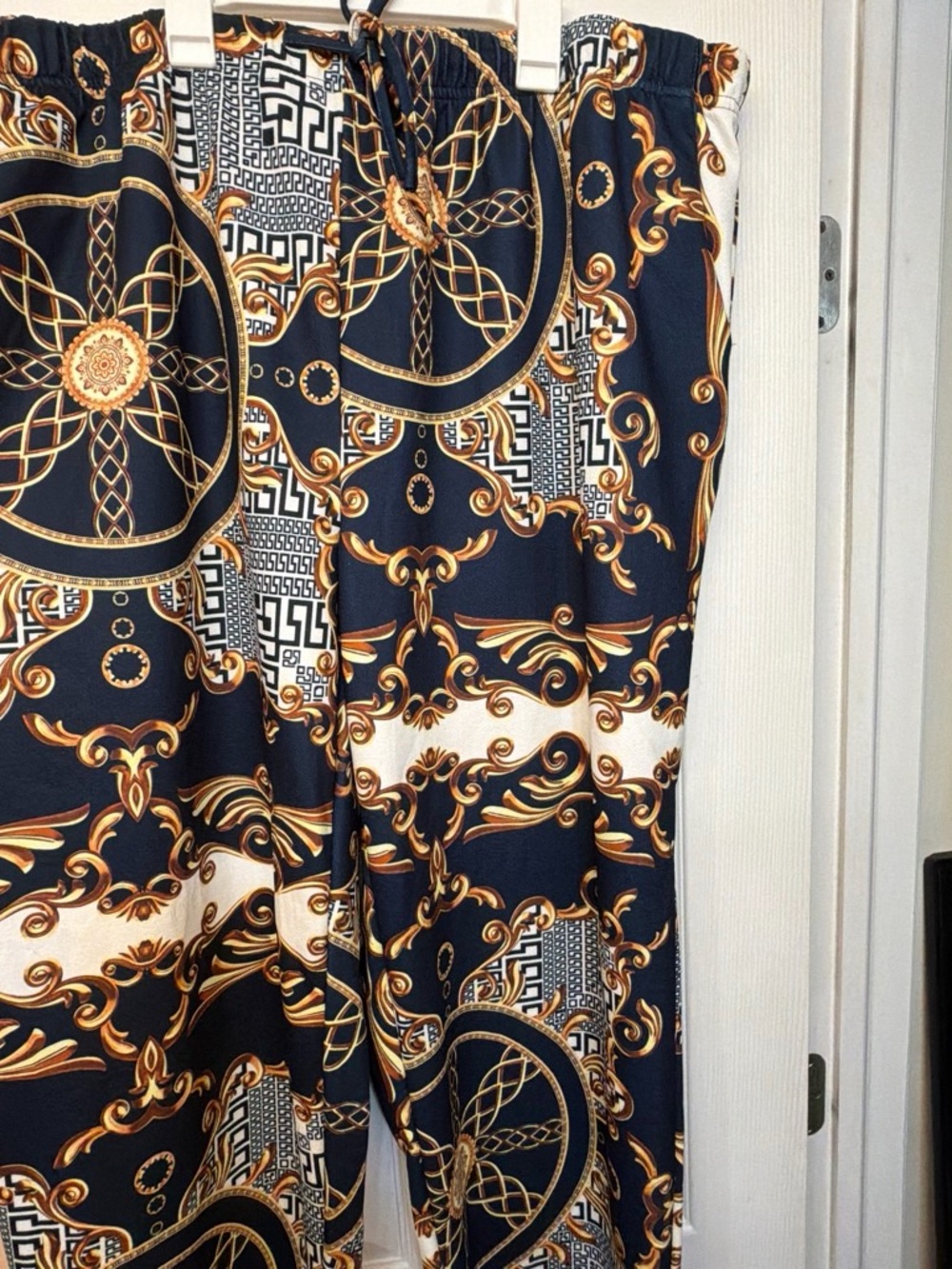 Women's Navy and Gold Patterned Midi Skirt